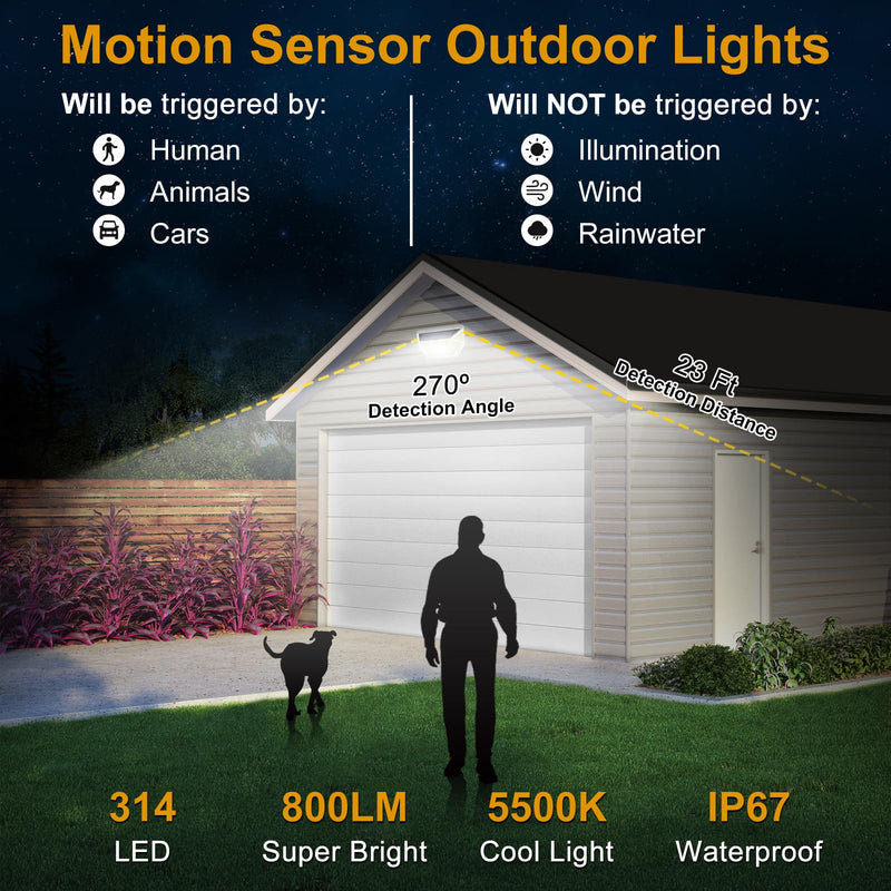 314 LEDs Motion Sensor Outdoor Lights 800LM 6000 K Solar Powered Flood Lights Outdoor IP67 Waterproof with 3 Modes 270° Wide Angle Lighting Security Wall Lights for Outside Yard Garden- 2 Pack