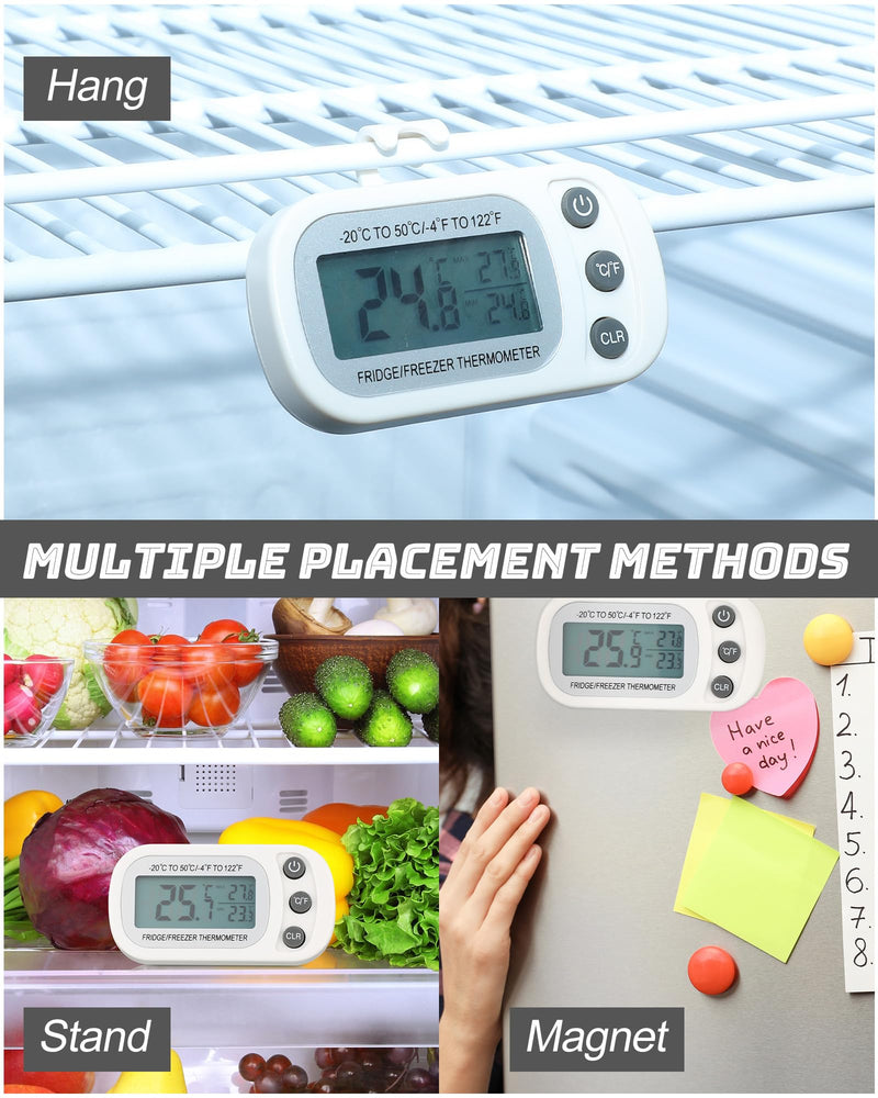 Frienda 8 Pack White Digital Fridge Thermometer Waterproof Refrigerator and Freezer Room Max/min Record Function LCD Screen Refrigerator Thermometer with Hook and Magnetic Back for Home