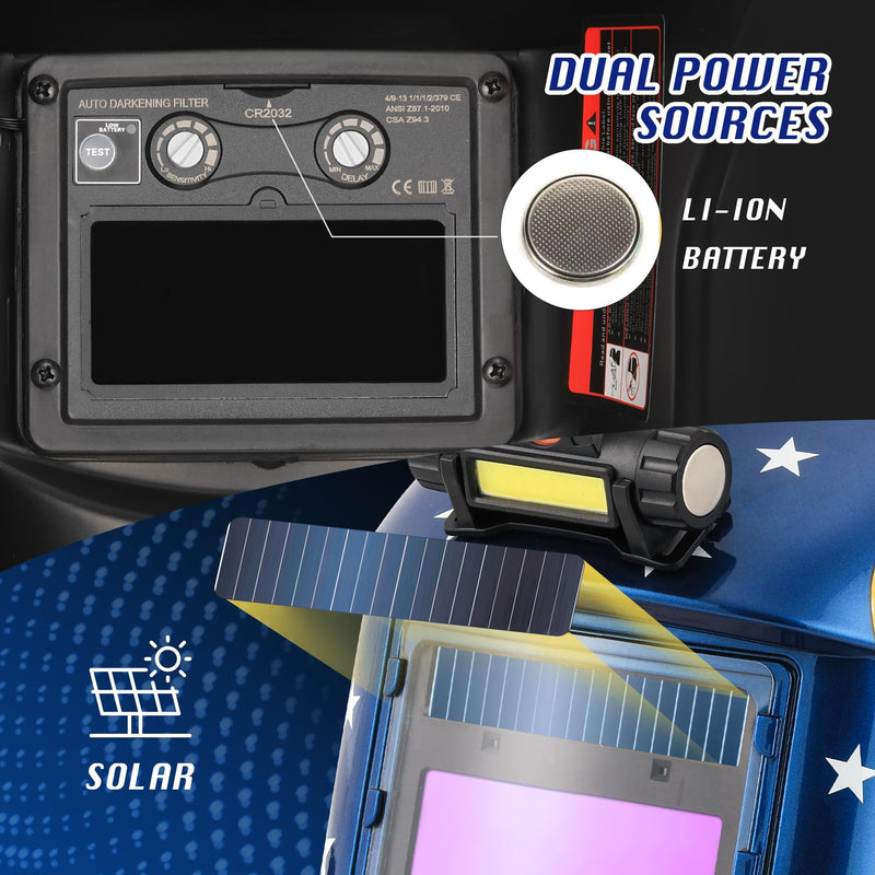 WR01A Welding Helmet Auto Darkening with LED Light True Color Solar Powered Welder Hood with Adjustable Shade Range 4/9-13 for Mig Tig Arc Welding Mask (Blue Eagle II) Blue Eagle II