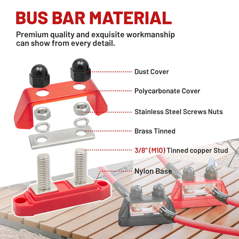 RED WOLF 2PCs 3/8" M10 Small Dual Stud Bus Bar 12-48 V Power Distribution Block Holder 250A DC MAX, Battery Terminal Junction Dual Power Stud Busbar for Car Marine Boat Red & Black Set w/Screws