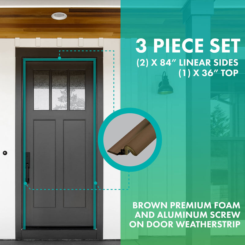 Simply Conserve Premium Screw-On Set Door Weatherstripping with Aluminum Carrier and Foam Gasket in Brown KC600-B | Draft Stopper for Sides and Top | Heavy Duty Foam Weather Stripping Seal 84 inches