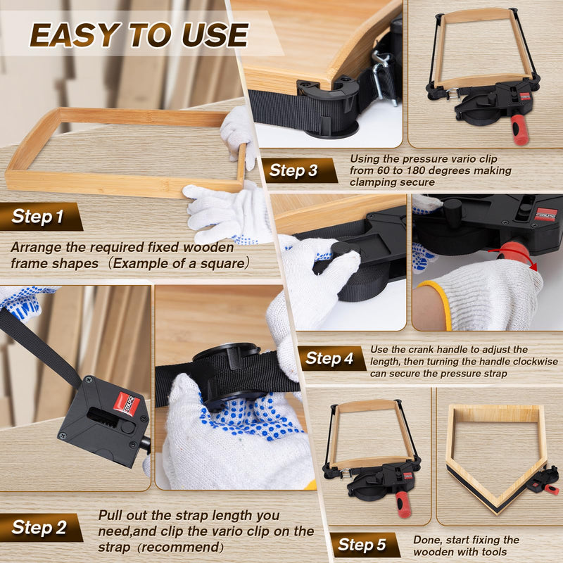 Sebupar 2 Pack Woodworking Band Clamps with 23 ft Variable Angle Strap Clamp, Corner Camp Picture Frame Clamps Fits for Square, Round/Irregular Shaped, Barrel