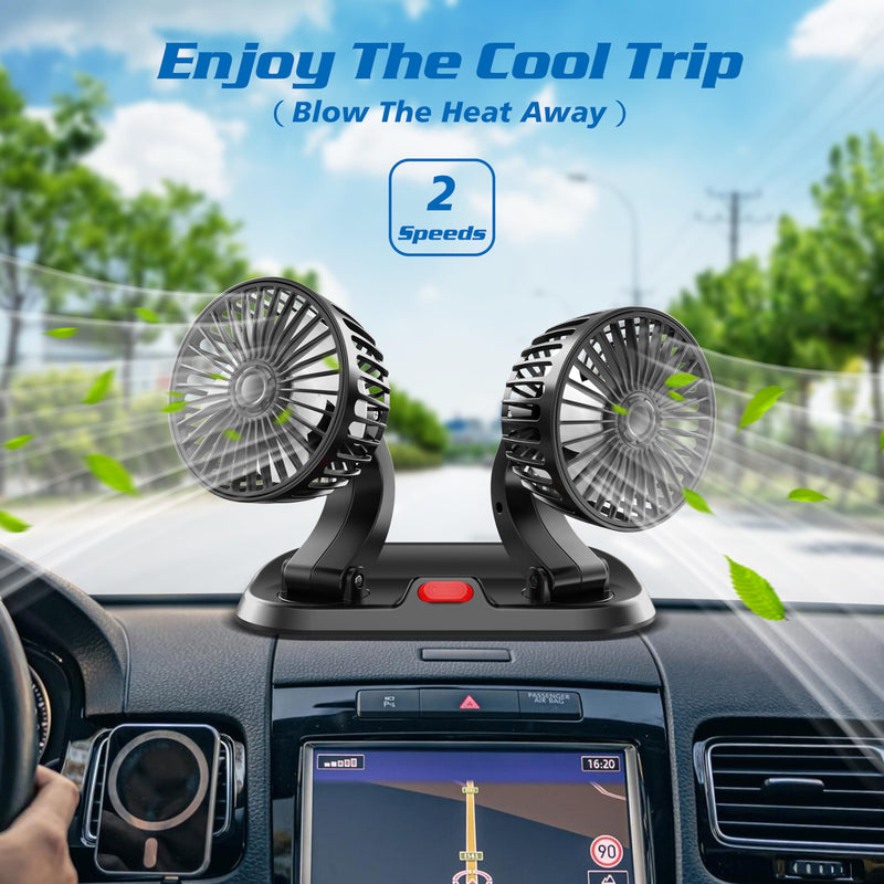 USB Adjustable Dual Head USB Car Fan, Portable Vehicle Cooling Fan with 2 Speeds, 360° Rotation Car Essentials Car Cooler Fan for SUV, RV, Truck, Sedan, Cruise, Car and Home Office Desk Fan USB Windscreen Fan/ Desk Fan