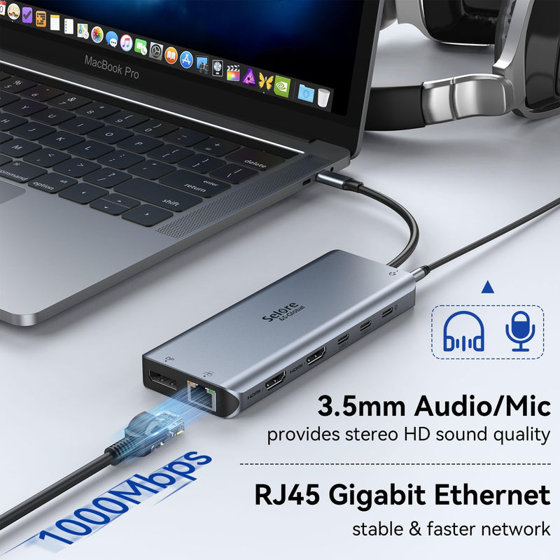 USB C Docking Station Dual Monitor,Selore 13 in 1 USB C Hub 3 Monitors with Dual HDMI,DP,10G USB A/C,100W PD,5 USB A/C Ports,Gigabit Ethernet,Laptop Docking Station for Dell,Hp,Lenovo,MacBook.etc Sliver Gray