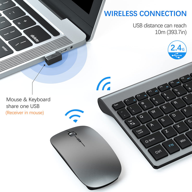 TopMate Wireless Keyboard and Mouse Ultra Slim Combo, 2.4G Silent Compact USB Mouse and Scissor Switch Keyboard Set with Cover, 2 AA and 2 AAA Batteries, for PC/Laptop/Windows/Mac - Gray Black