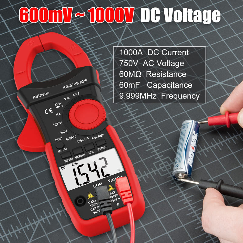 Bluetooth Clamp Meter Clamp Meter, Kethvoz Anto Range True-RMS Current Clamp NCV Voltmeter 570S-APP Measure AC/DC Voltage Current, Continuity Resistance Capacity Temperature 1000A Bluetooth Clamp Meter 570SAPP