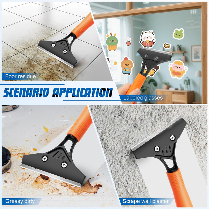 Razor Blade Floor Scraper with Long Handle, 4 Inch Floor Scraper Tools Heavy Duty with 10PCS Extra Metal Blades,Paint Scrapers for Cleaning Wall Glass Floor Paint Gum Stains Stickers Linoleum Orange