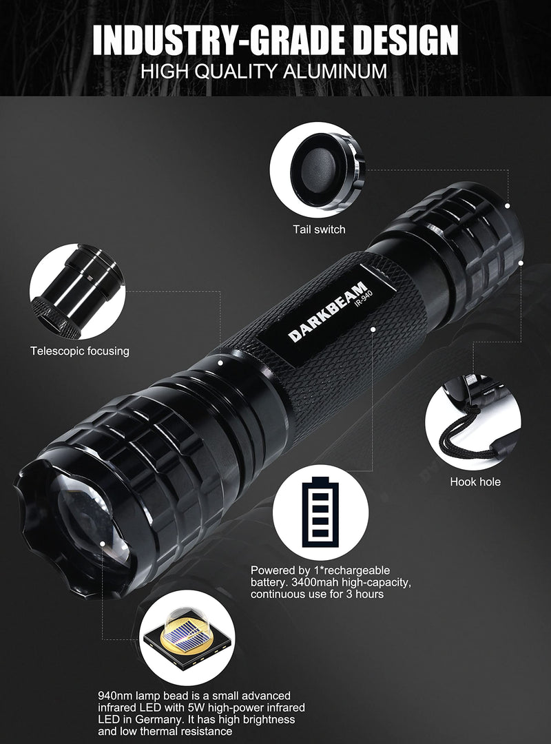 DARKBEAM ir Flashlight Infrared 940nm Lights LED Mini for Night Vision, Rechargeable Portable Tactical ir Illuminator Torch, Focus Adjustable for Hunting, Observation, Search, with Clip 501F IR-940nm Light with Clip