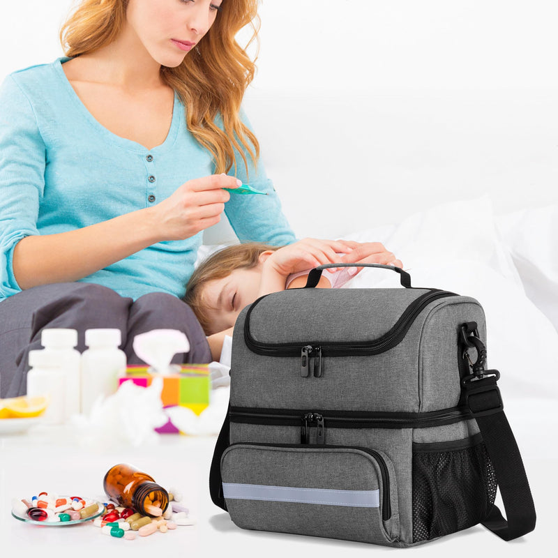 Curmio Double Layer Medical Bag, Travel Pharmacy Bag, Grey | Detachable shoulder strap, reflective strips, carrying handle, for medicine bottle/vitamins/medical supplies, emergency bag, empty, grey