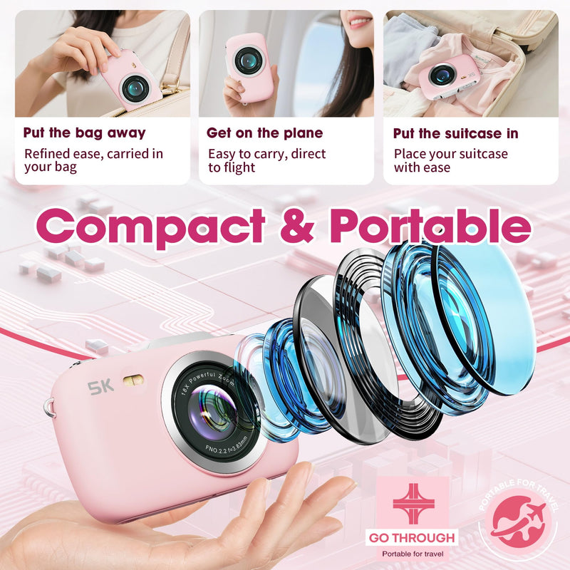 Digital Camera, 5K Vlogging Camera for Photography, 80MP Autofocus Point and Shoot Digital Camera for Beginner Teens Kids, 18X Zoom Portable Compact Travel Camera, Flash, 32GB Card & 2 Batteries(Pink)
