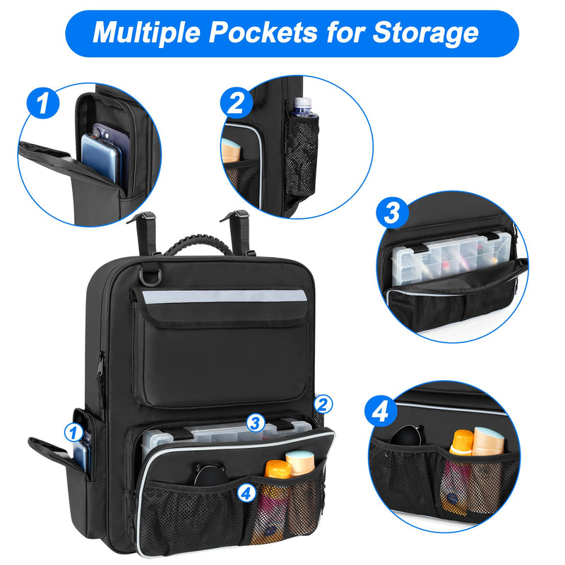 GRAOSO Boat Organizers and Storage, Boat Back Seat Carrying Bag with Rubber Handle and Adjustable Back Belt, Multiple Pockets for Boat Accessories, Black