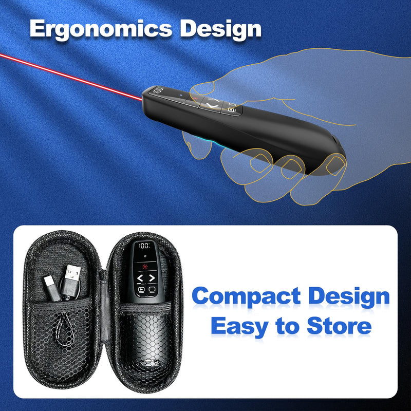 Rechargeable Presentation Clicker with Case, Power Digital Display Wireless Presenter Remote, USB C Red Light Pointer Computer PowerPoint PPT Clickers for Mac Laptop, Slideshow Google Slide Advancer Red Light & Power Display
