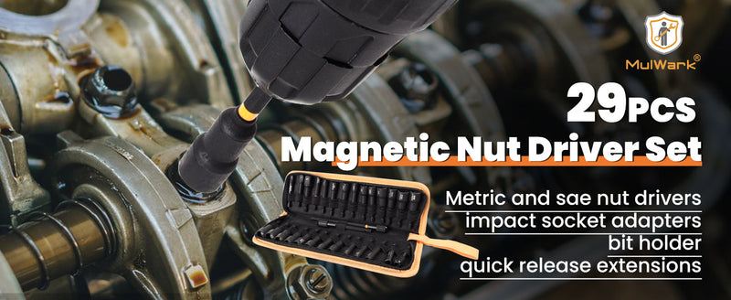 MulWark 29 Piece Magnetic Nut Driver Set, Impact drill socket adapter, SAE, and Metric Nut Driver Set Includes Magnetic Bit Holder, Quick Release Extension with Storage Bag – Christmas Gift