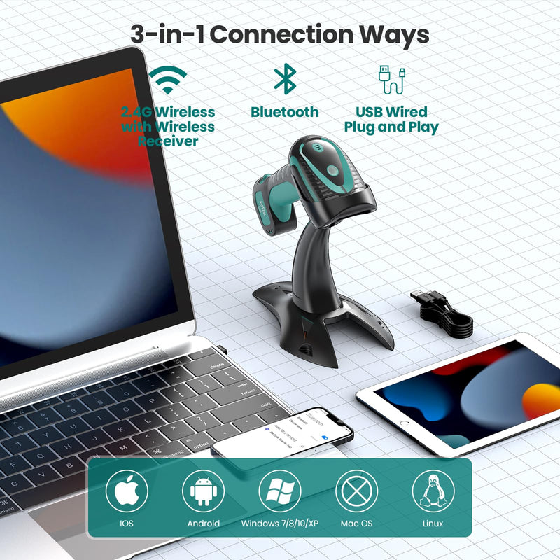 Wireless Barcode Scanner with Stand, Industrial 1D 2D QR Bluetooth Barcode Scanner for Android, iOS, Windows, Mac, USB Bar Code Reader Scanner with Drop Resistant Dustproof Waterproof Green