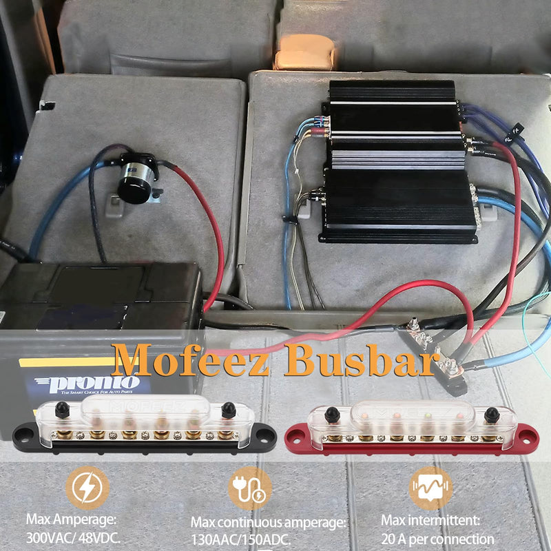 MOFEEZ Power Distribution Block Bus Bar, 6 x 5/16" Posts, 10 x #8 Screws Terminals, Max 48V 250A (Pair, Red & Black) 6*5/16"