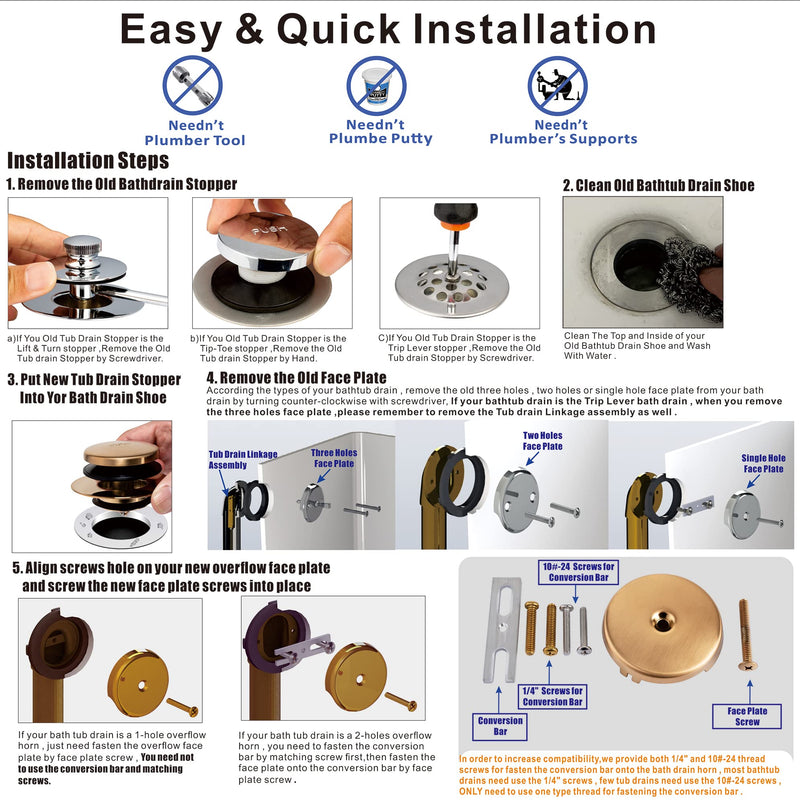 Champagne Bronze Universal Tub Drain Tip Toe Tub Conversion Kit Assembly, Artiwell EZ Installation Bathtub Drain Replacement Trim Kit with 1-Hole Overflow Face Plate and Pop-Up Tub Stopper Champagne Bronze