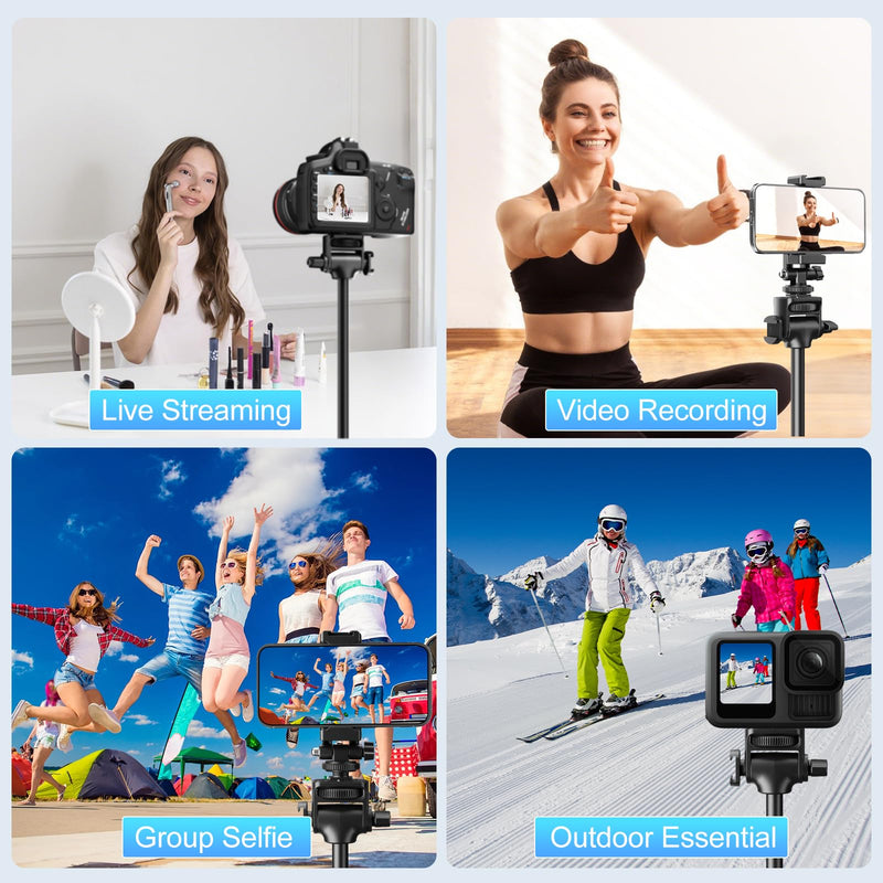 Fugetek 62" Professional Cell Phone Tripod, Ultra Stable 4 Leg Design, Bluetooth Remote, 100% All Aluminum Stick & Legs, Portable All in One, 360° Phone Mount with 2 Cold Shoe Slots, Non Skid Feet Quadrapod