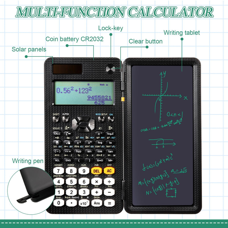 Scientific Calculators with LCD Writing Tablet for Back to School Solar Powered Calculator Small Math Calculator with Notepad for Middle High School Student