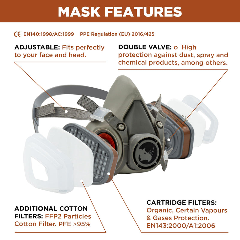RHINO Smart Solutions Face Protection (Half-Sided) Anti-Dust Reusable with Glasses, Gloves, 6 Particle Protection Filters for Industrial Painting, Gas, Protection, Crafts, Painting, Steam