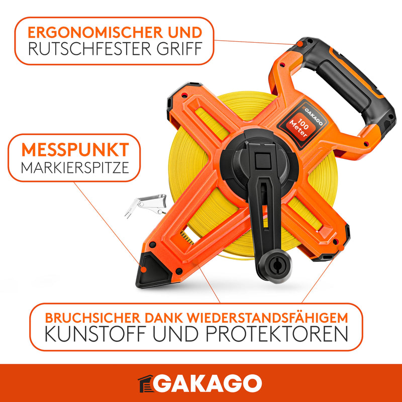 Gakago tape measure 100m - 3-fold translation tape measure with folding lever - ergonomic & non-slip tape measure handle - tape measure roll with measuring point marking tip and flexible measuring hook 100 meters