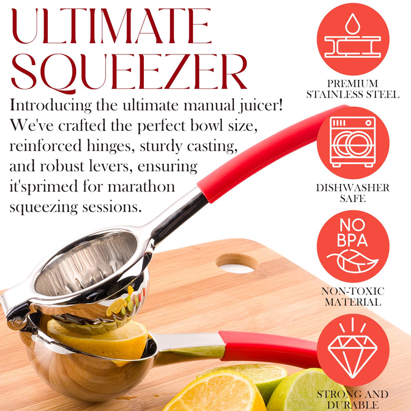 Bellemain Citrus Juicer | Metal Lemon Squeezer | Lime and Lemon Juicer Stainless Steel with Silicone Handles | Manual Juicer, Citrus Squeezer, Hand Held Juicer | Bar Juicer for Bartender Accessories Red