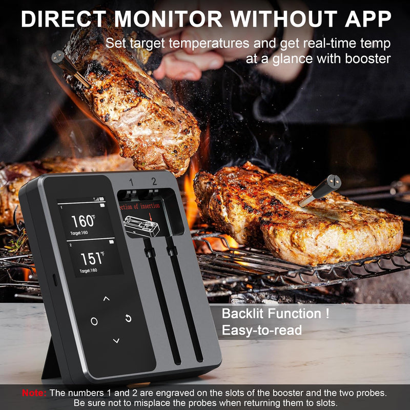 Wireless Meat Thermometer Digital Smart Bluetooth Meat Thermometer with 2 Meat Probes 656FT Food Thermometer for Cooking with Smart LCD Display for Turkey Beef Steak Chicken Rotisserie BBQ Oven Smoker