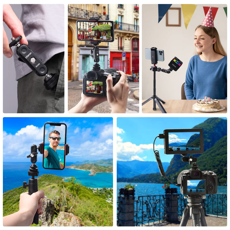 R098 Cold Shoe Monitor Mount, 1/4" Rotatable Dual Ballhead Hot Shoe Mount Microphone Fill Light Camera Monitor Swivel Bracket Compatible with DJI OSMO 360/Pocket 3/Insta 360 x 5/Sony/Canon/Nikon /Fuji R098