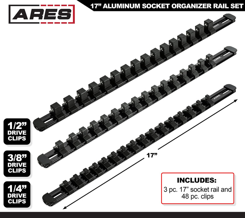 ARES 60123-3-Piece Black 17-Inch Aluminum Socket Rail Set with Locking End Caps - Includes 1/4-Inch, 3/8-Inch, and 1/2-Inch Drive Rails - Each Aluminum Rail Stores up to 16 Sockets 3-Piece Multi-Drive Set