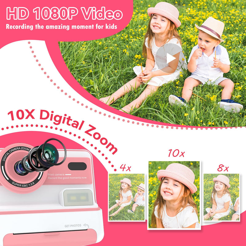 Instant Print Camera for Kids Toddler Camera Print for Girls Boys Age 3-12 2.4 Inch Screen 1080P Selfie Toddler Cameras for Children Birthday Gifts with 3 Rolls Print Paper & 32G Card(Pink) Pink