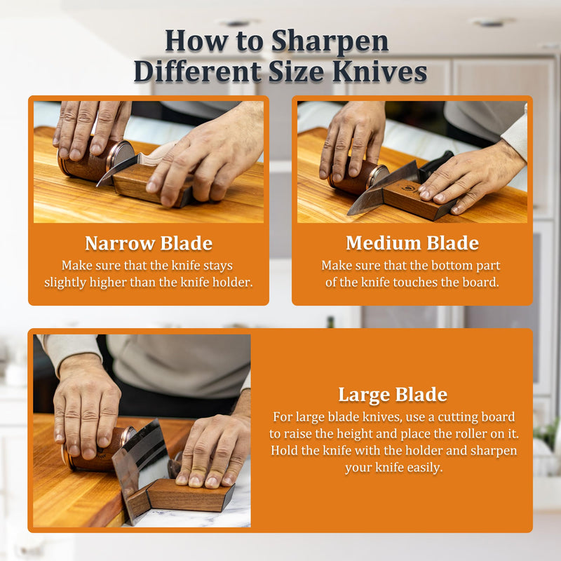 Rolling Knife Sharpener Wooden Kit - Roller Wheel Sharpener with Magnetic Holder | 400 Grit Diamond & 1000 Ceramic Disks Sharpeners | 15 & 20 Angle for Special & Standard Kitchen Knives