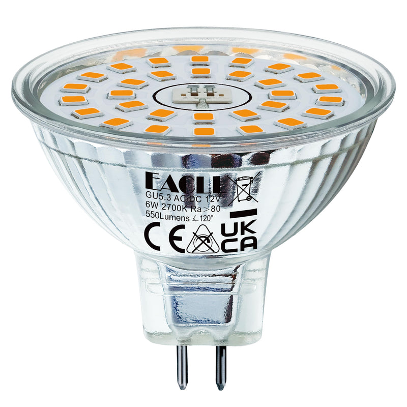 EACLL GU5.3 LED Warm White 6 W Replaces 50 W Halogen MR16 Bulb, Pack of 6, 550 Lumen 2700 K Bulb, AC/DC 12 V Flicker-Free Spotlight, Beam Angle 120° Spot, Not Dimmable Diameter 50 x H 45 mm Reflector Lamp 2700 K Warm White Light 6 pcs (pack of 1) 6w