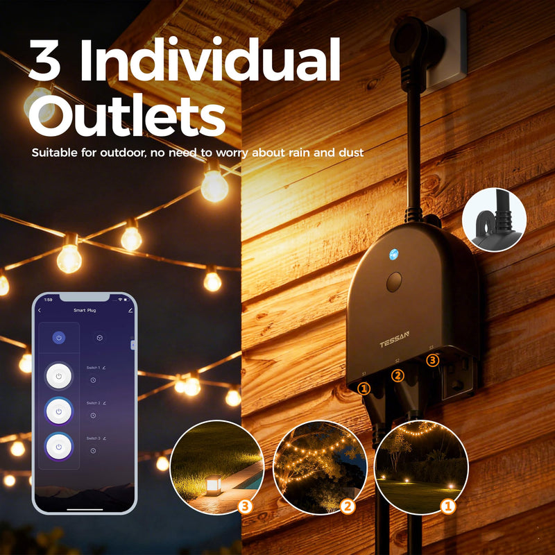TESSAN Outdoor Smart Plug Waterproof, 2.4GHz WiFi Only, 15A/1875W Heavy Duty, 3 Individual Sockets Compatible with Alexa Google Home, Remote Control Timer Frosted Black