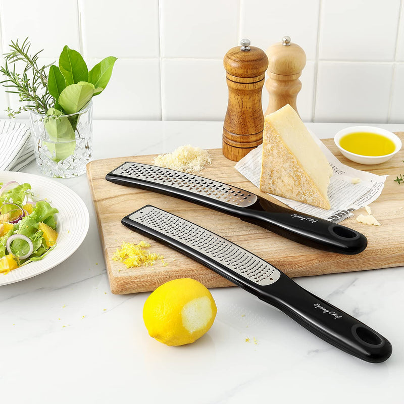 Spring Chef Premium Lemon Zester Grater with Handle - Ginger, Nutmeg, Garlic Grater - Heavy Duty Kitchen Tool - Stainless Steel Citrus Zester with Blade Cover - Fine & Coarse Shred, Set of 2, Black Fine & Coarse Zester