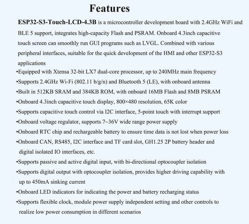 ESP32-S3 4.3inch Touch Screen Development Board Capacitive IPS Display 800x480, 32-Bit LX7 Dual-Core Processor Support 2.4GHz W-i-F-i and Blue-Tooth 5 (LE), Onboard CAN, RS485, I2C Interface,etc.