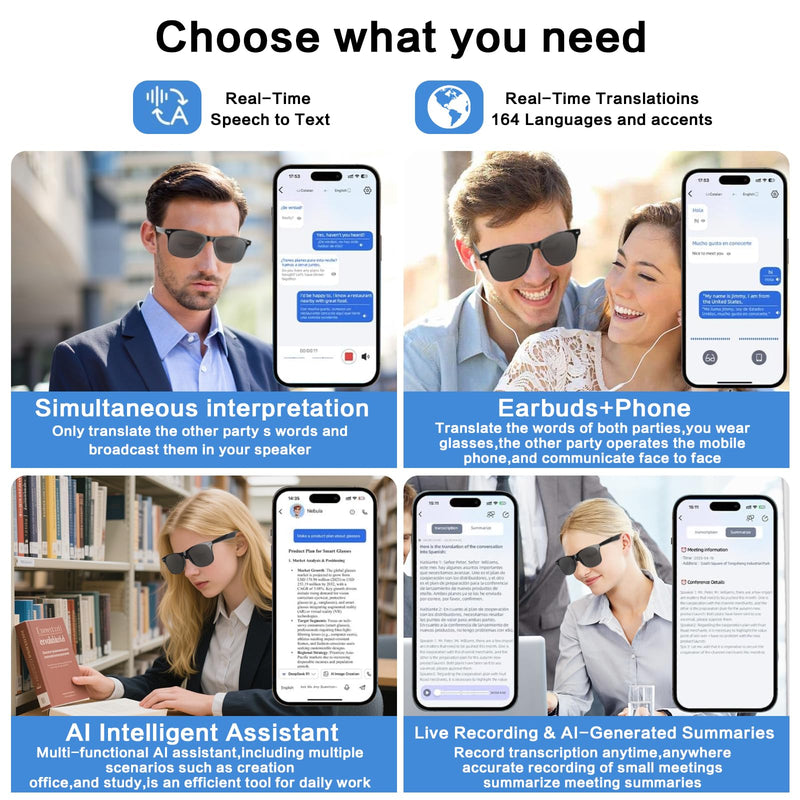 2BB Smart Translation Glasses for Men with Chat GPT, AI Sunglasses with VideoCall Translation Compatible for Android iOS, Bluetooth Calls, 50 Hour Battery Life, UV Protection, Voice Control