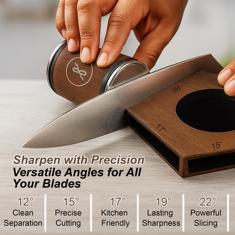SKILO Rolling Knife Sharpener Made of Black American Walnut - Tumbler Knife Sharpener Knife Sharpening With Diamonds & Ceramic for Steel of Any Hardness With Magnetic Angle