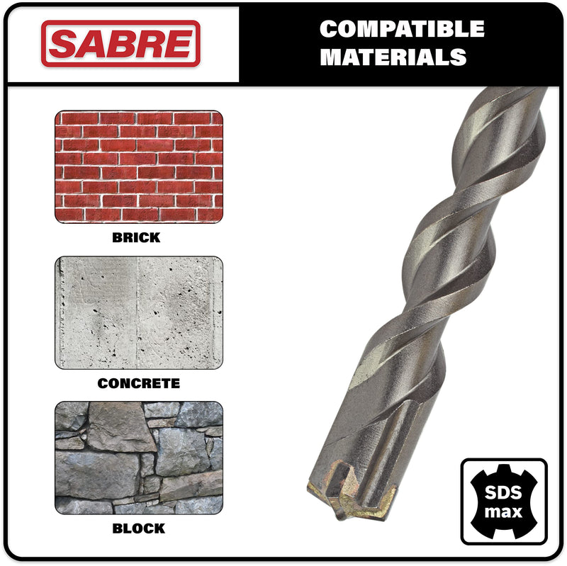 Sabre Tool 1 Inch x 21 Inch SDS MAX Rotary Hammer Drill Bit, U-Flute, Carbide Tipped for Brick, Stone, and Concrete (1inches x 16inches x 21SDS MAX Hammer Drills ONLY 1" x 21"