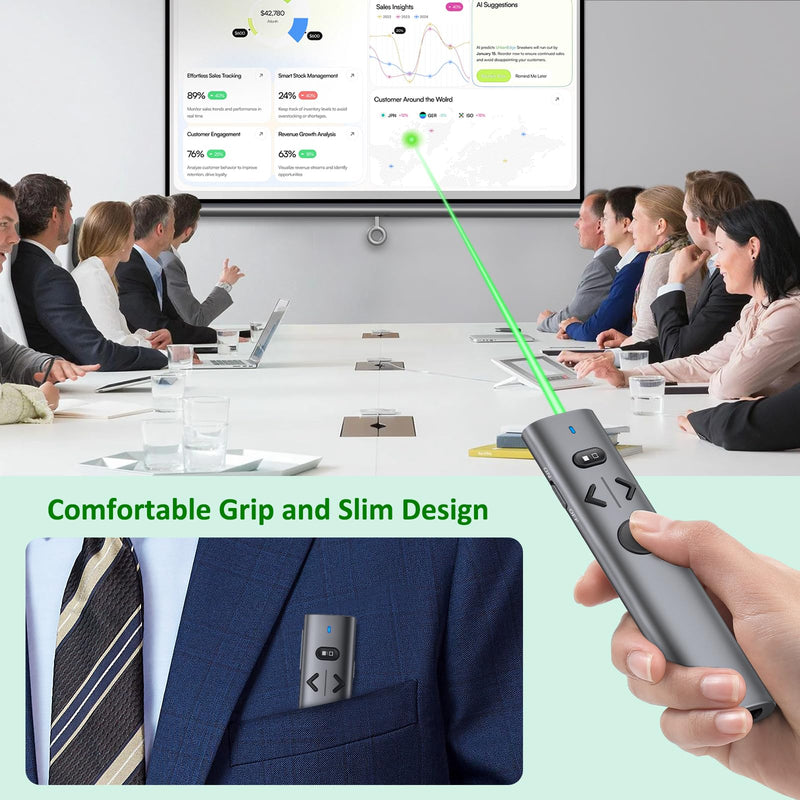 Presentation Clicker with Green Pointer, Rechargeable Wireless Presenter for PowerPoint Presentation Pointer PPT Clicker, 2.4GHz Presenter Remote Slide Advancer for Computer MacBook