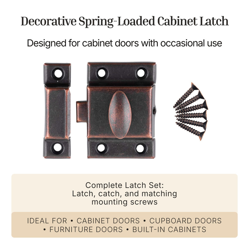 Large Stamped Antique Copper Cabinet Door Latch - 2 1/8" × 2 1/8" - Pack of 4 - Spring Loaded Cupboard Door Latch with Oval Turn - Vintage Cabinet Hardware | UA-140-LAC (4)