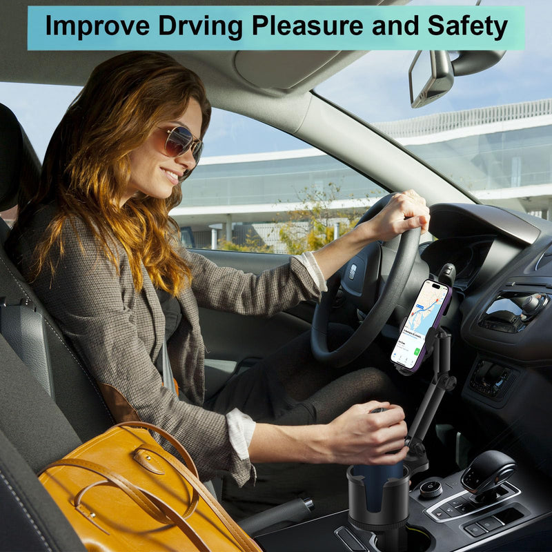 Car Cup-Holder Phone-Mount with Long Arm - 2 in 1 Adjustable Cup Holder Expander with Rubber and Expandable Base for 8-32oz Bottle, Cell Phone Stand Holder Friendly Fit iPhone & All Mobile Smartphones Large