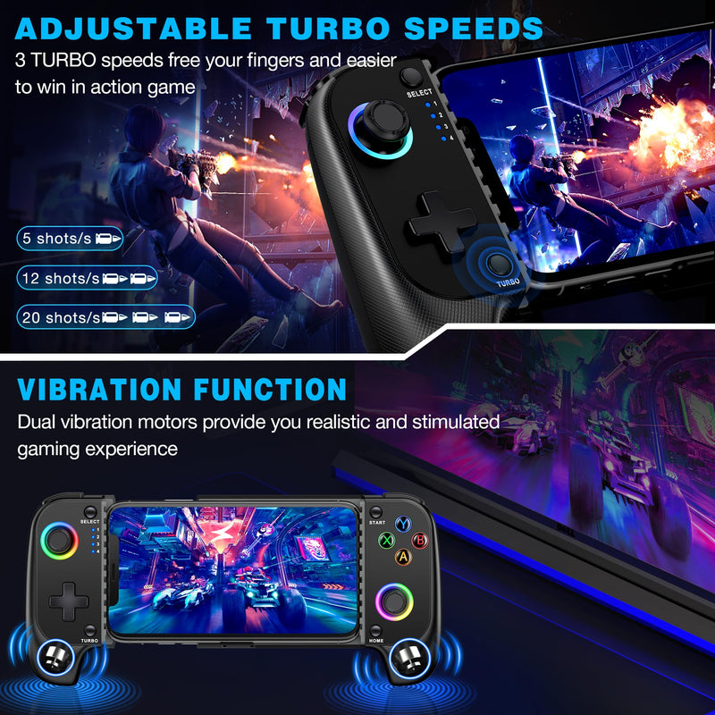 MystNova Wireless Phone Mobile Gaming Controller for iPhone/Android - Turn Your iPhone into a Gaming Console - Play Xbox, PlayStation, Steam Link, Cloud Gamepad for iOS with RGB Black