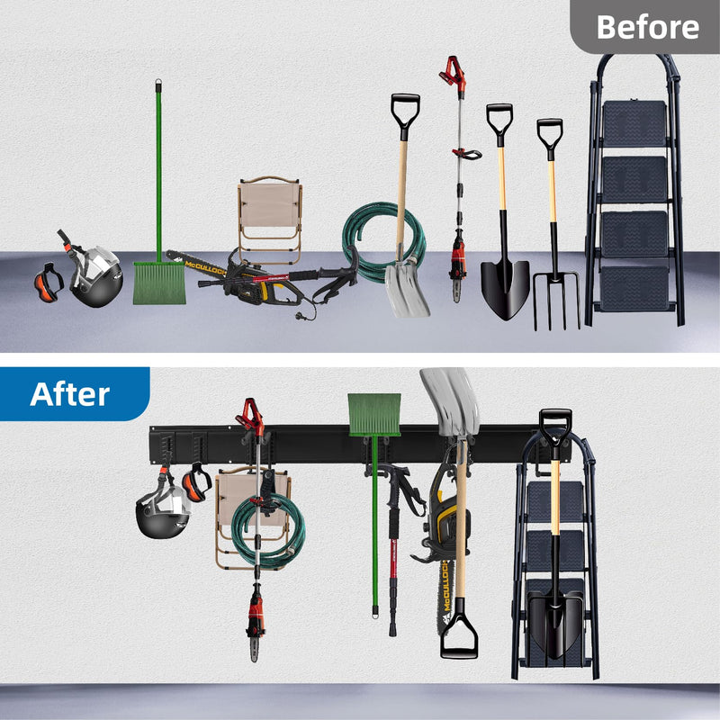 Sinoer Garage Tool Management Wall Rack, Garage Wall Management Storage Rack with 6 Adjustable Metal Hooks, Hanger for Ski Equipment, Garden Tools, Chairs, Brooms, Mops, Rakes, Garden Tools 32 Inch 2 Panel and 6 Hooks