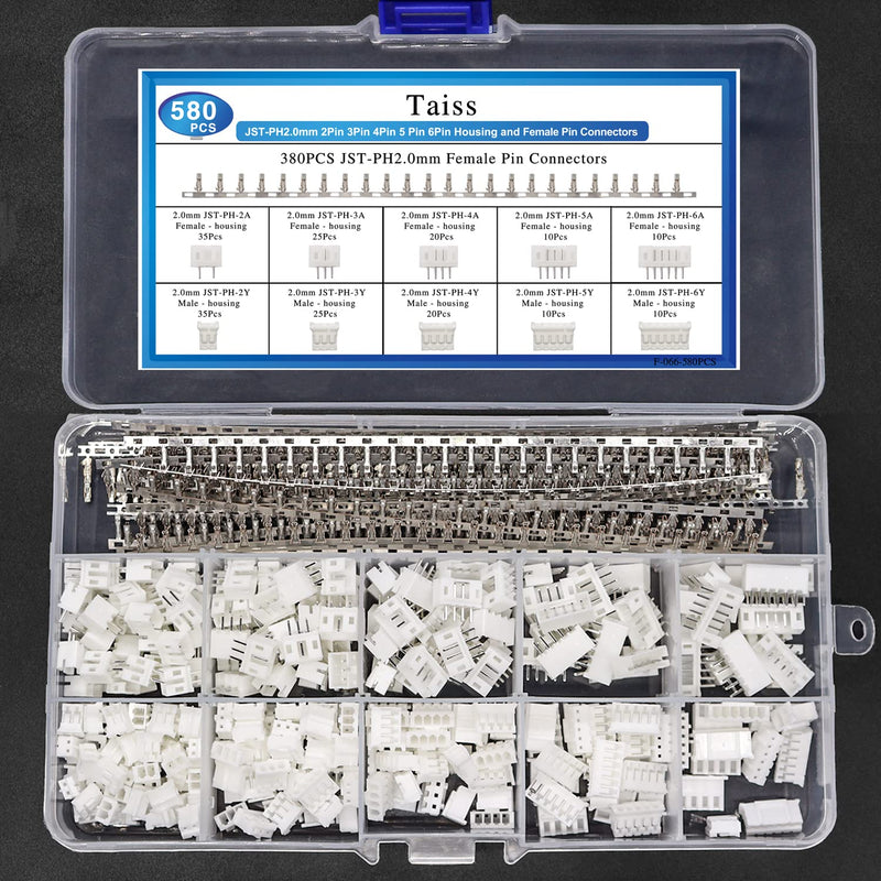 Taiss JST PH 2.0 Connector Kit 2/3/4/5/6-Pin JST Adapter Male and Nut Plug PH 2.0 mm JST Cable Connector Adapter F-066-580 Pieces PH2.0 Connector Kit