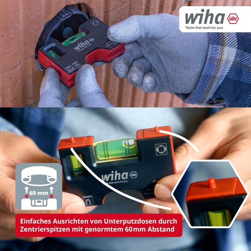 Wiha Mini Spirit Level Pocket I 10 cm with Magnet I Suitable for Bag | (46957) Electrician Tool for Socket I Horizontal 4-Ring Level + Vertical Level for Precise Alignment