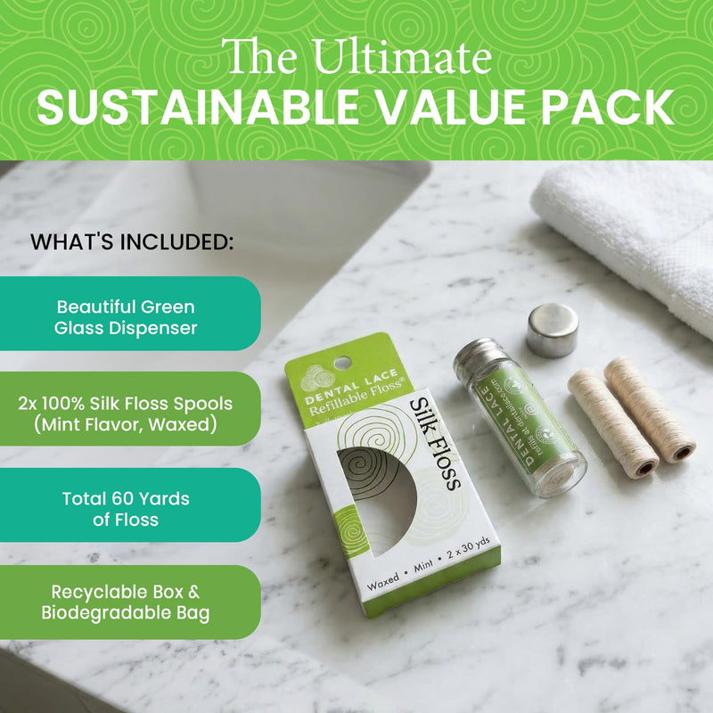 Dental Lace Refillable Silk Dental Floss - 100% Silk Floss with Mint Flavor, PFAS & PTFE Free - Includes 2 Refillable Wave Glass Floss Container and 4 Spools (Total 120 Yards) - Recyclable Packaging Green (Pack of 2)