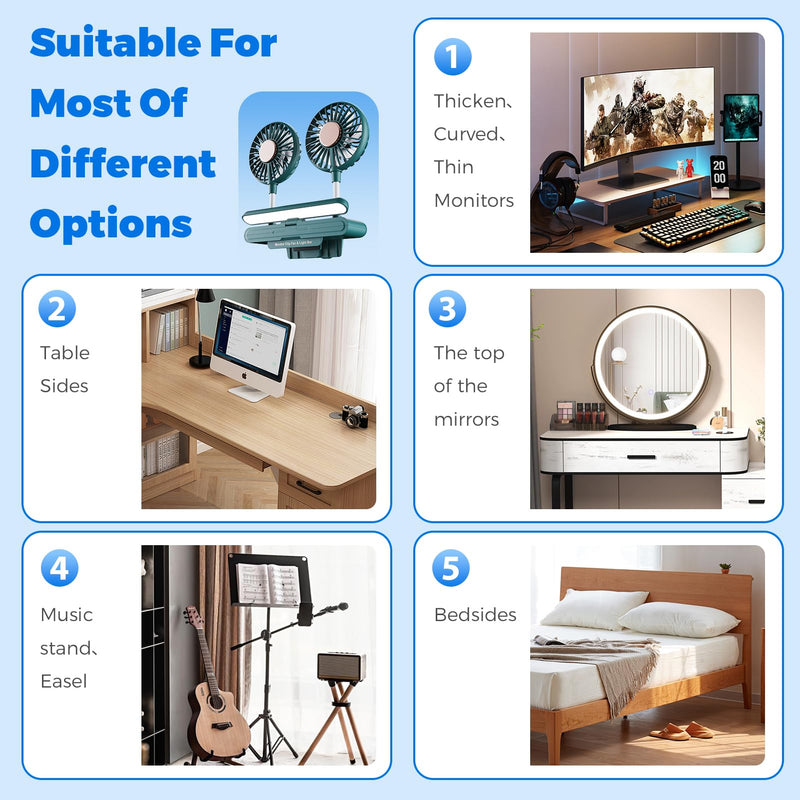 Reading stand Lamp Light Bar with Fan Two-Head Personal Cooling Quiet USB Fan Flip-Open light, Level 3 brightness light, 3 Wind Speed for Working/Self Broadcasting (Forest Green) Forest Green