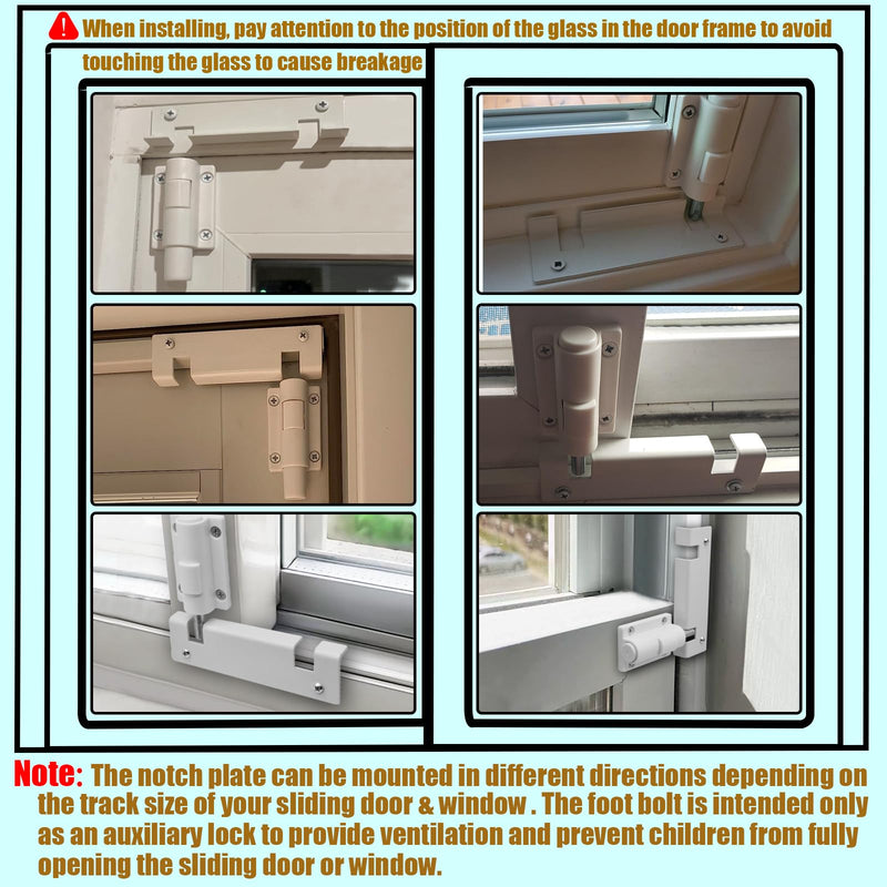 Patio Sliding Glass Door Security Lock/Bolt, Rail-Childproof Safety Window Locks for Any Slide Doors and Windows, Install on The Top Bottom Foot Kick Lock White 2PC 2