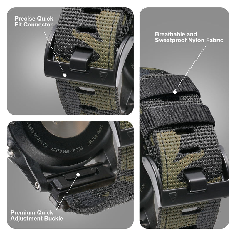 26mm Nylon Watch Band Compatible for Garmin Fenix 7X/ Fenix 6X/ Fenix 5X/ Tactix Delta, Camouflage Quickfit Bands for Garmin Fenix 3/3 HR, Fenix 5X Plus/6X Pro/Descent MK1/Enduro A-Camouflage