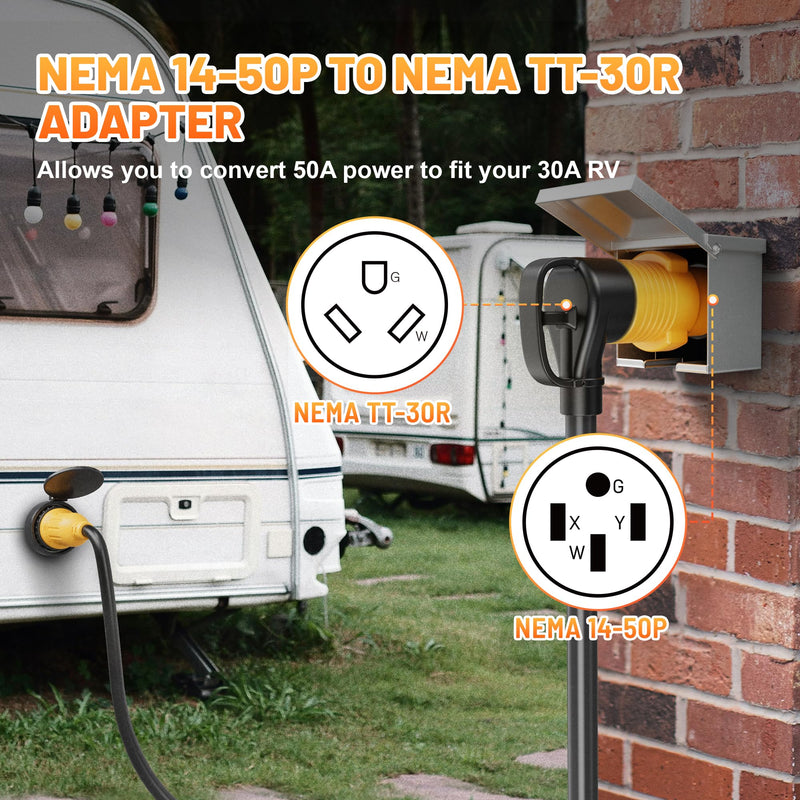 50 Amp to 30 Amp RV Adapter, NEMA 14-50P to NEMA TT-30R 50A Male to 30A Female RV Plug Adaptor Connector, 4 Prong RV Power to 3 Prong Electrical Converter for Travel Trailer Camper, 30A 125V