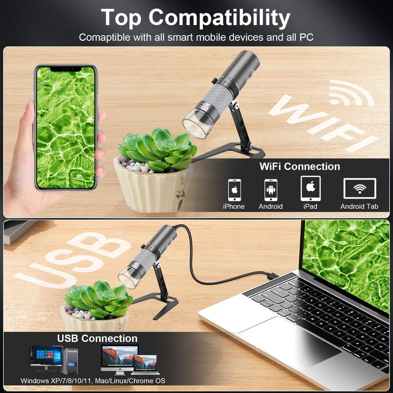 4K WiFi Microscope, Upgraded Stand for iPhone Android PC, 50-1000X USB Digital Microscope, HD Endoscope Camera, Compatible with All Devices, Wide Angle, Long Focal Length, Reliable Service